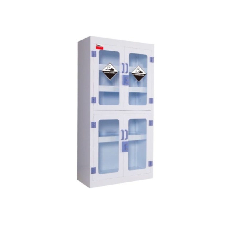 Gabinete de almacenamiento de medicamentos/reactivos PP, blanco, de cuatro puertas, con 4 ventanas visibles