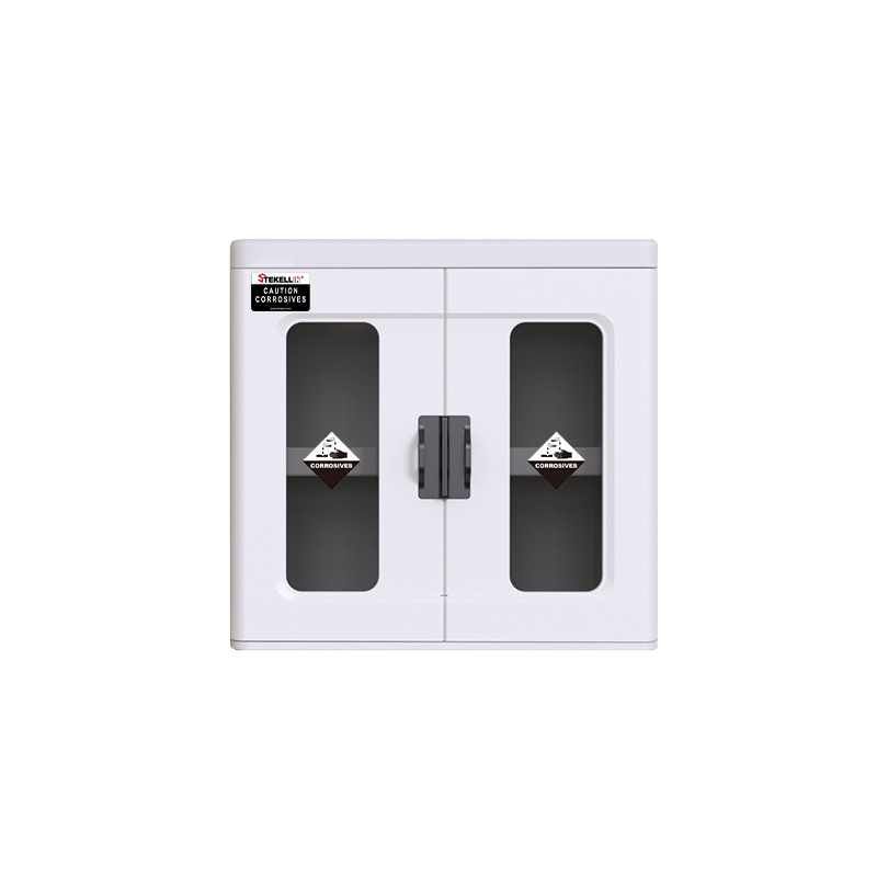 Gabinete de seguridad de ácido de laboratorio de polietileno, blanco/azul, puertas dobles/con dos ventanas Visisble