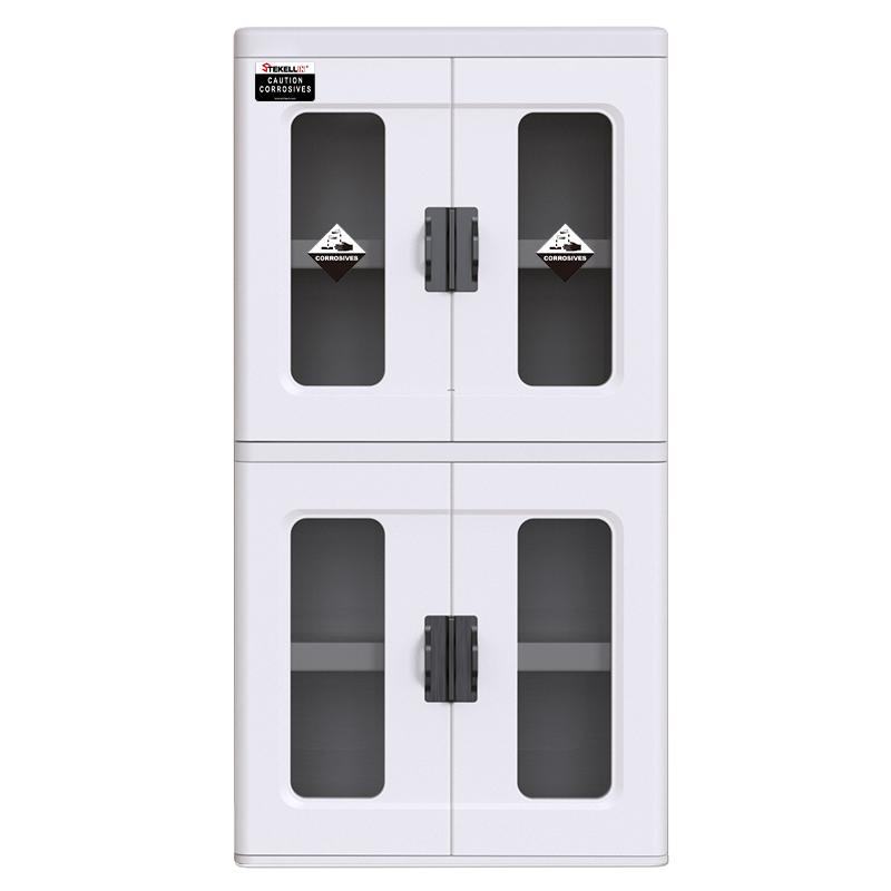 Gabinete de seguridad de ácido de laboratorio de polietileno polietileno, blanco/azul, cuatro puertas/con 4 ventanas visibles