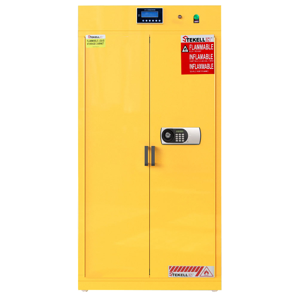 Armarios de almacenamiento inteligentes de seguridad de productos químicos, acero exterior, PP interior, amarillo, 900mm de ancho, con alarma