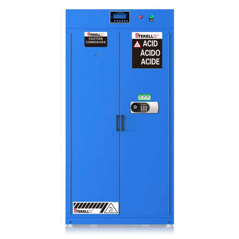 Armarios de almacenamiento inteligentes de seguridad de productos químicos, acero exterior, PP interior, azul, 900mm de ancho, con alarma