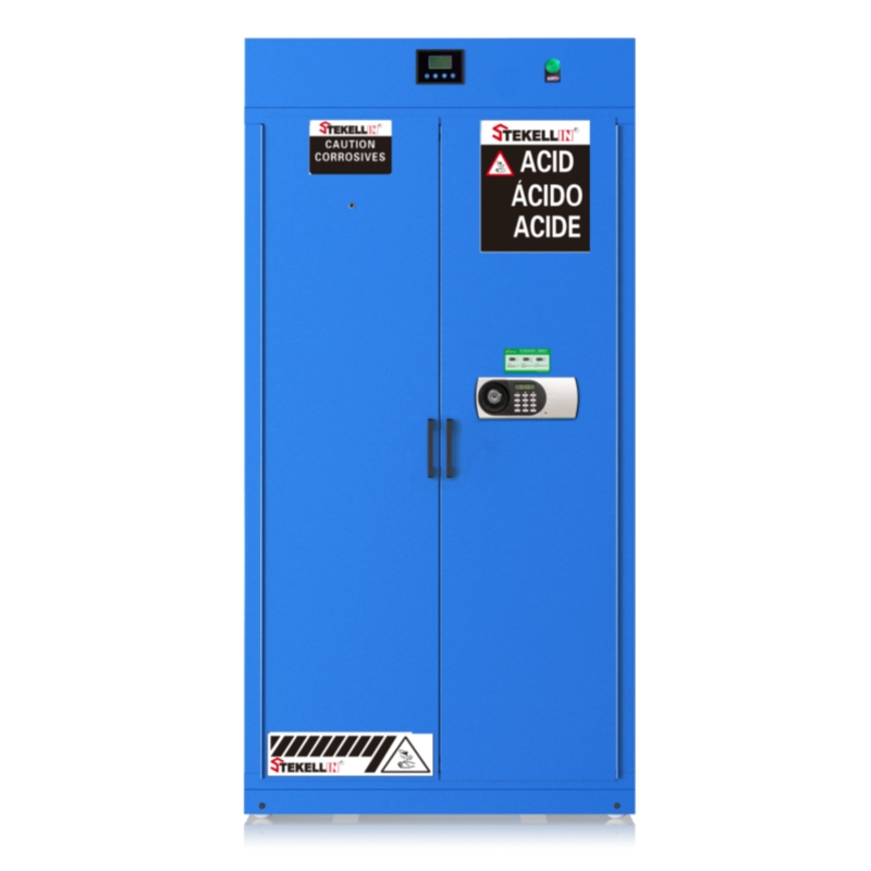Gabinetes inteligentes de almacenamiento de seguridad de productos químicos, acero exterior, PP interior, azul, 900mm de ancho