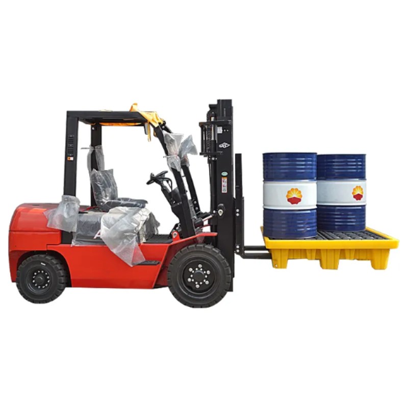 Palet de contención de derrame de PE con drenaje, amarillo/negro, altura 300mm, para 4 tambores