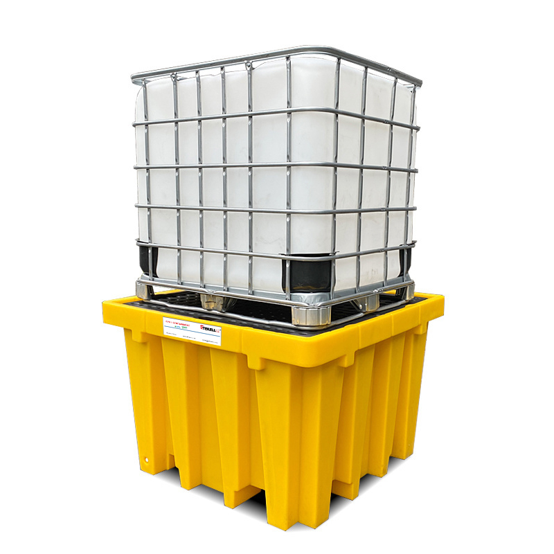 Palé de contención de derrame de PE para barriles IBC, con drenaje, amarillo/negro, altura 900mm, 1 tambor IBC